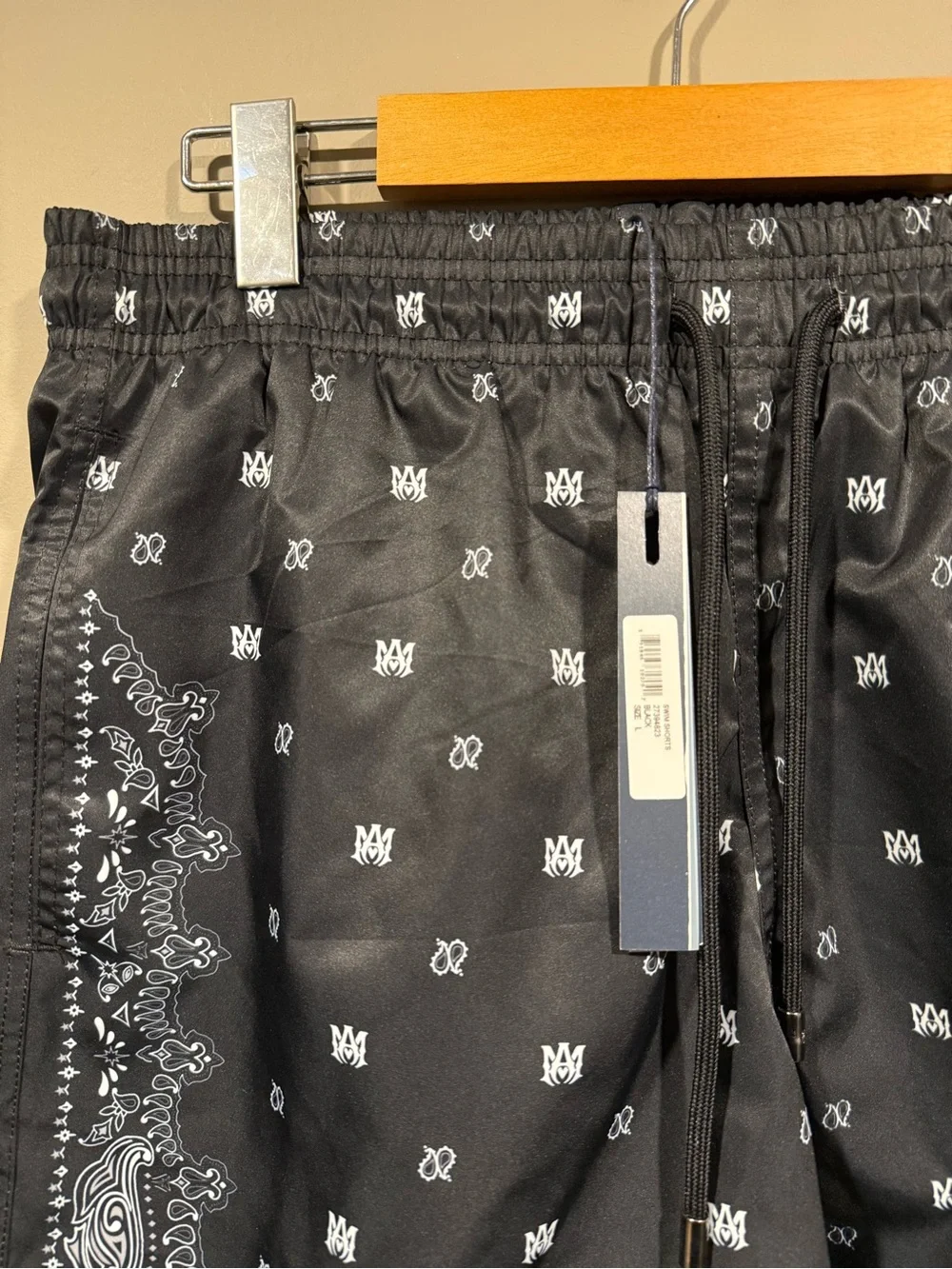 Amiri Black Bandana Paisley Monogram Print Mens Swim Trunks